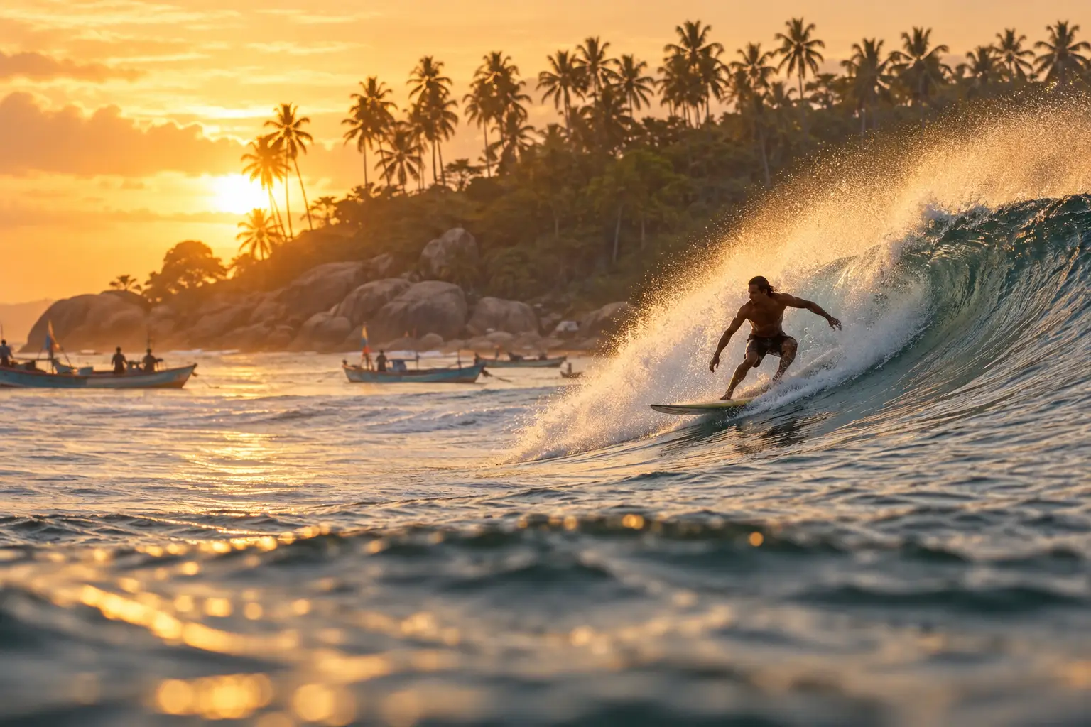 Surfer on a long right-hand wave at Arugam Bay at sunrise