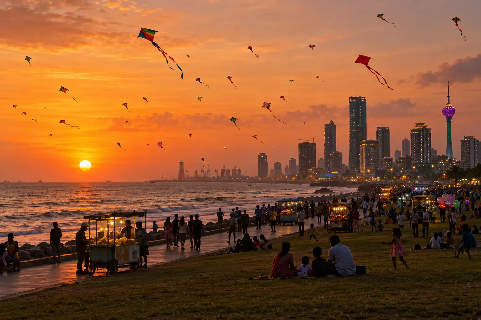 Kites over Galle Face Green at sunset with the Colombo skyline behind
