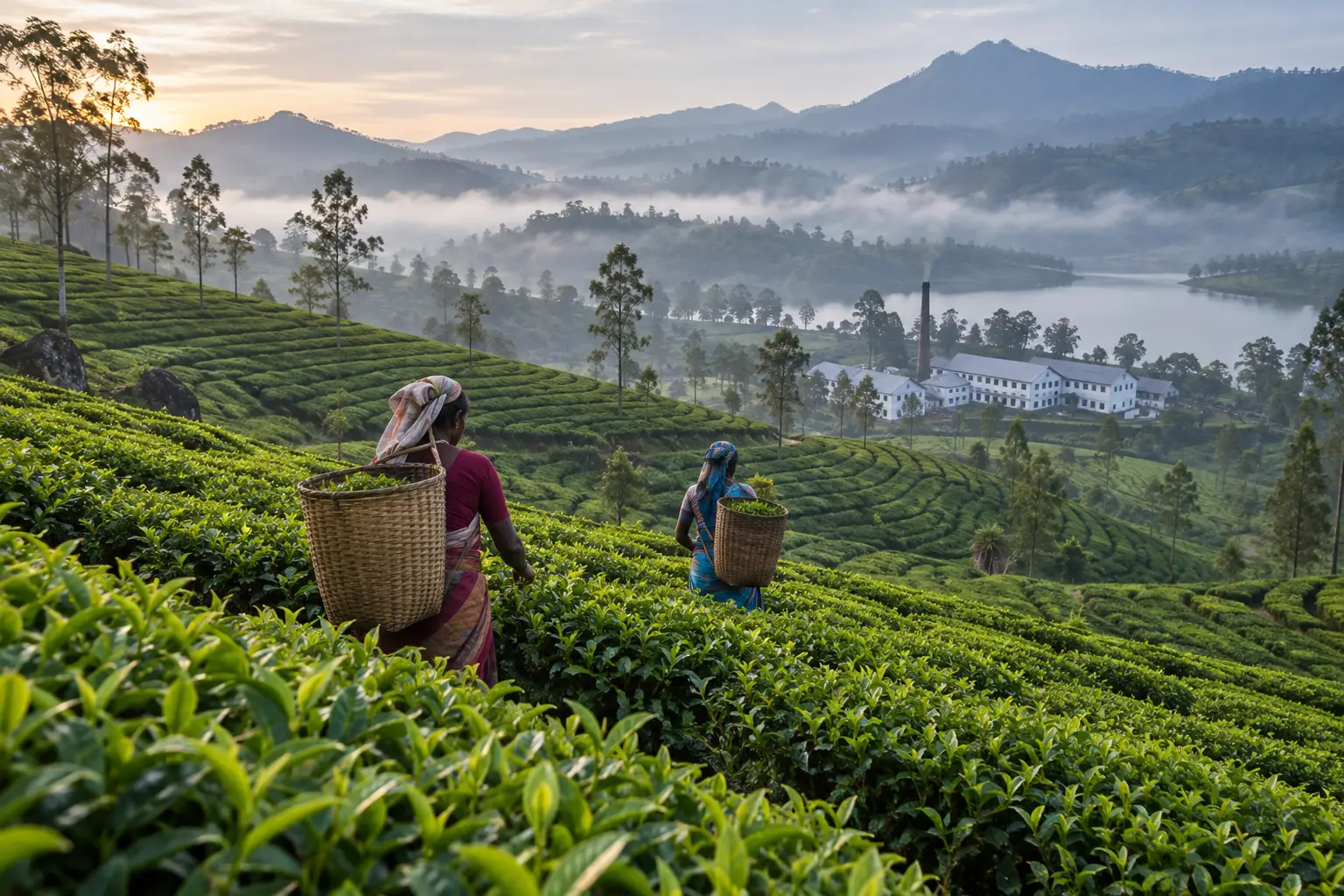 Tea pluckers on a hillside tea estate near Nuwara Eliya in morning mist