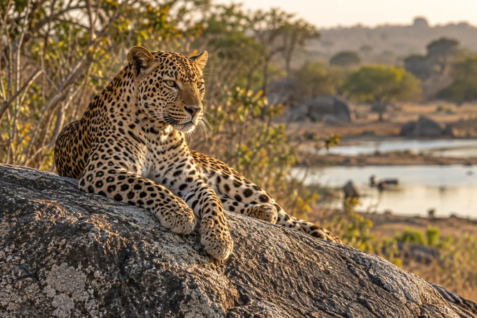 Sri Lankan leopard lying on a granite boulder in Yala National Park